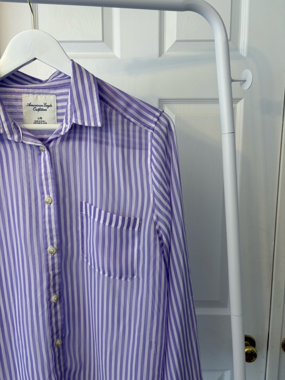 American Eagle Purple & White Striped Button Down Shirt Semi Sheer Size Large - Picture 6 of 15